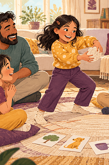 Family playing a speaking game with imaginary objects and picture cards