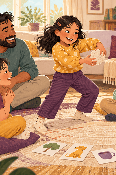 Family playing a speaking game with imaginary objects and picture cards