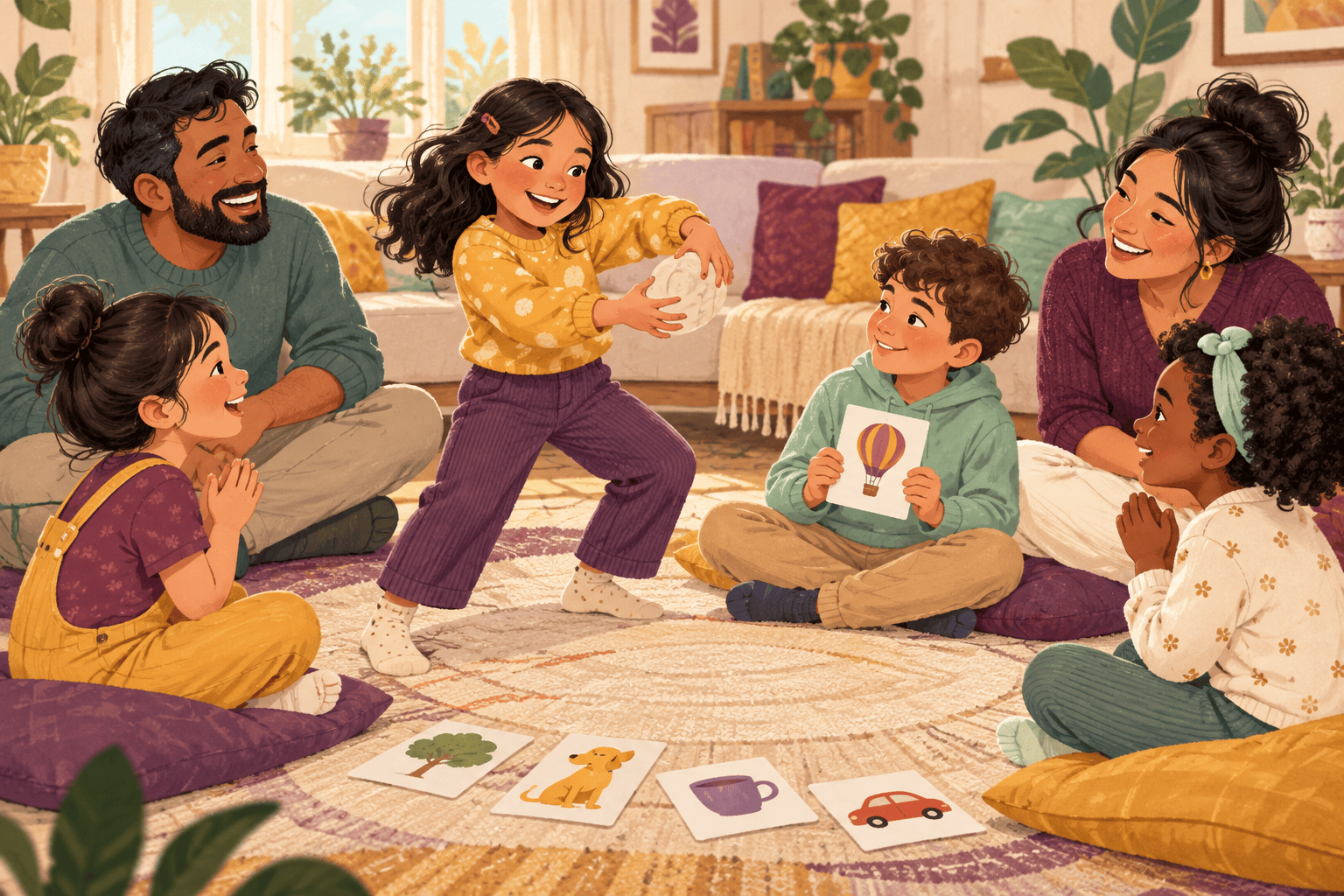 Family playing a speaking game with imaginary objects and picture cards