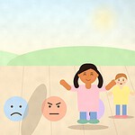 Illustration of a child hopping on chalk faces drawn on a pavement showing happy, sad, cross and surprised feelings