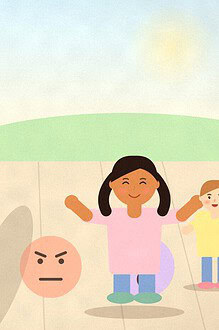 Illustration of a child hopping on chalk faces drawn on a pavement showing happy, sad, cross and surprised feelings