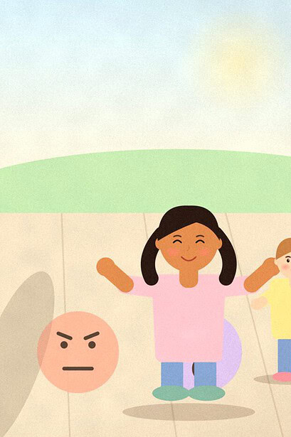 Illustration of a child hopping on chalk faces drawn on a pavement showing happy, sad, cross and surprised feelings