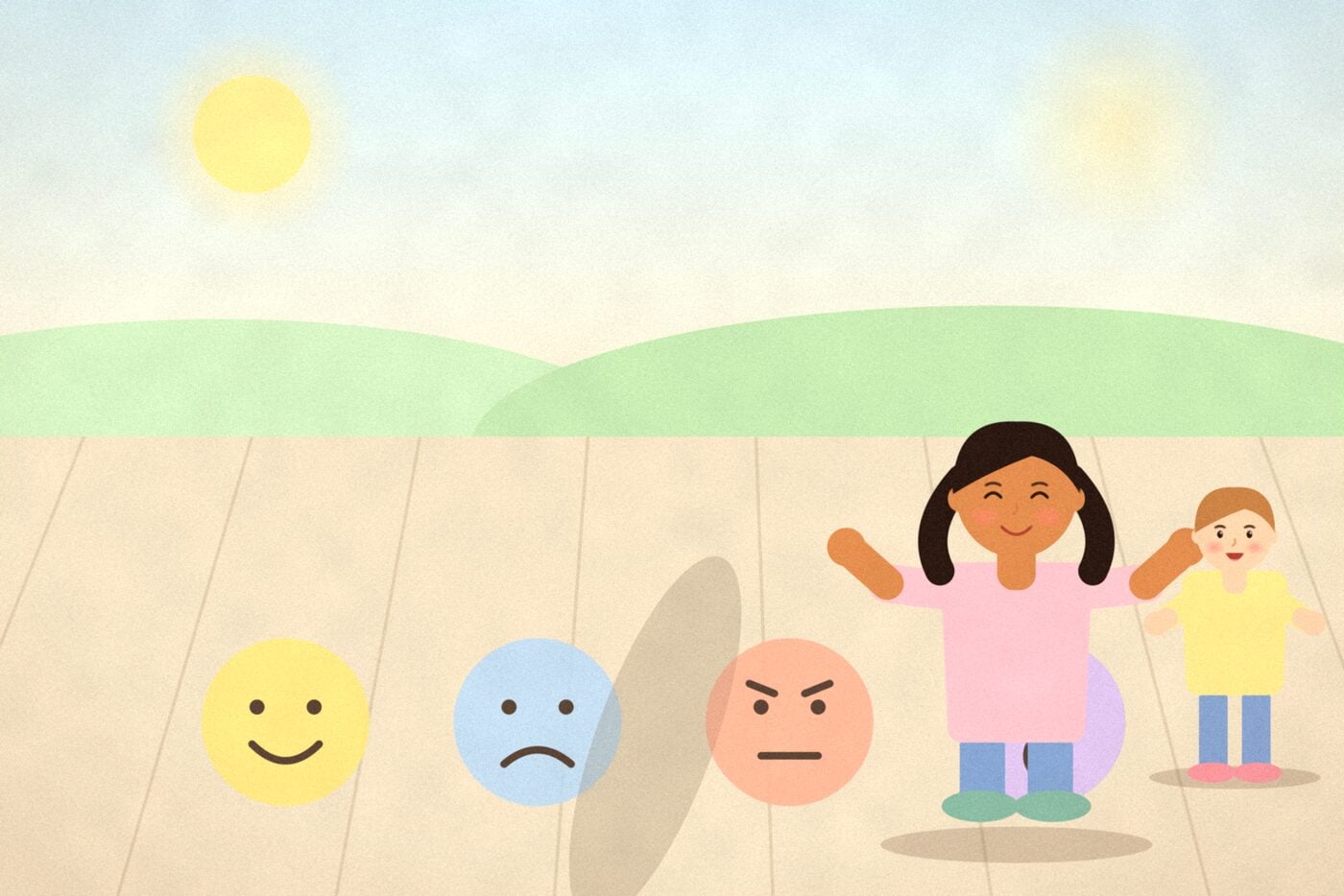 Illustration of a child hopping on chalk faces drawn on a pavement showing happy, sad, cross and surprised feelings