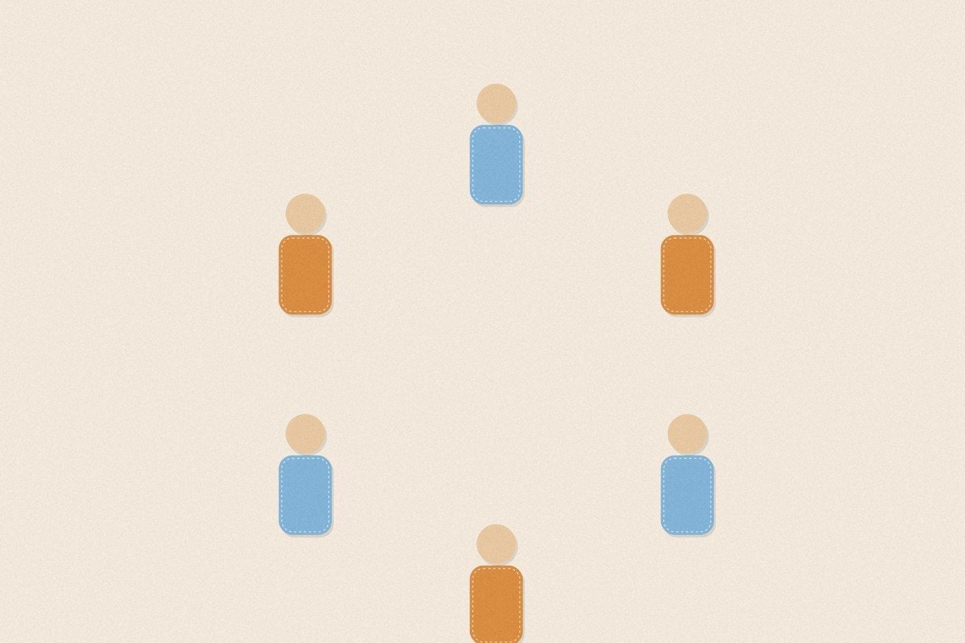 Felt appliqué style illustration of colourful soft rounded figures with dashed stitch borders, arranged for the activity 'Find the Goof: a quiet eyes-closed finding game'