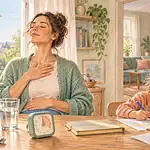 A parent takes a brief breathing pause by a window while a child safely draws nearby