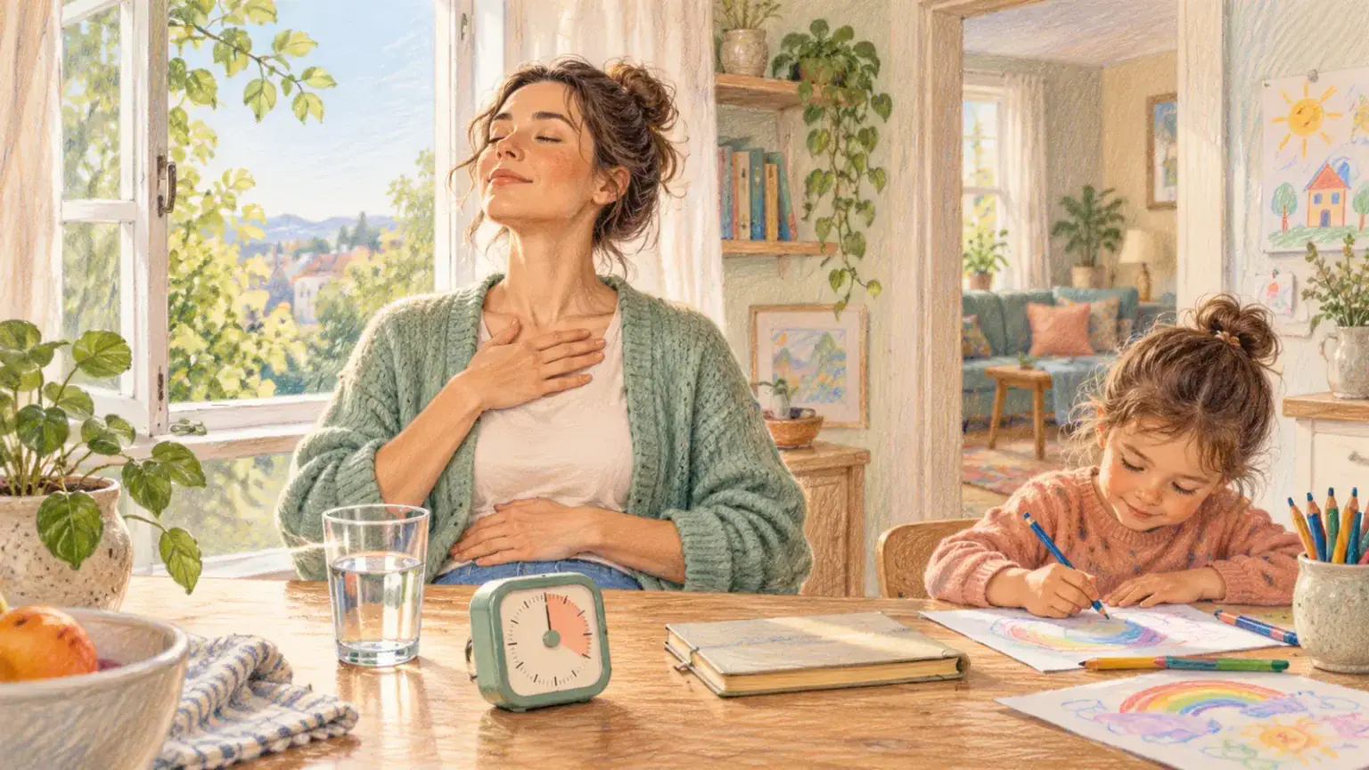 A parent takes a brief breathing pause by a window while a child safely draws nearby
