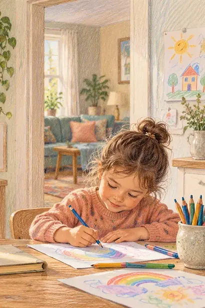 A parent takes a brief breathing pause by a window while a child safely draws nearby
