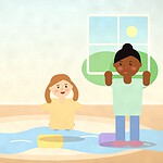 Illustration of a child leaping between cushions across a blue ribbon river on a living room rug while a parent cheers