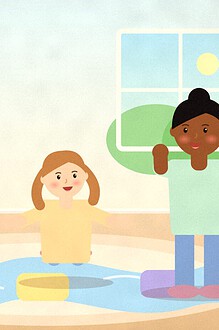 Illustration of a child leaping between cushions across a blue ribbon river on a living room rug while a parent cheers