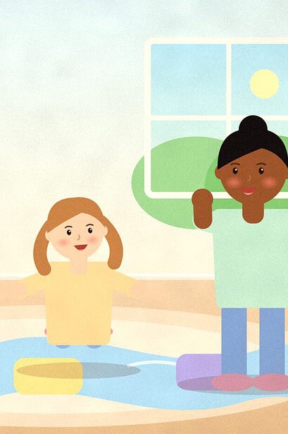 Illustration of a child leaping between cushions across a blue ribbon river on a living room rug while a parent cheers