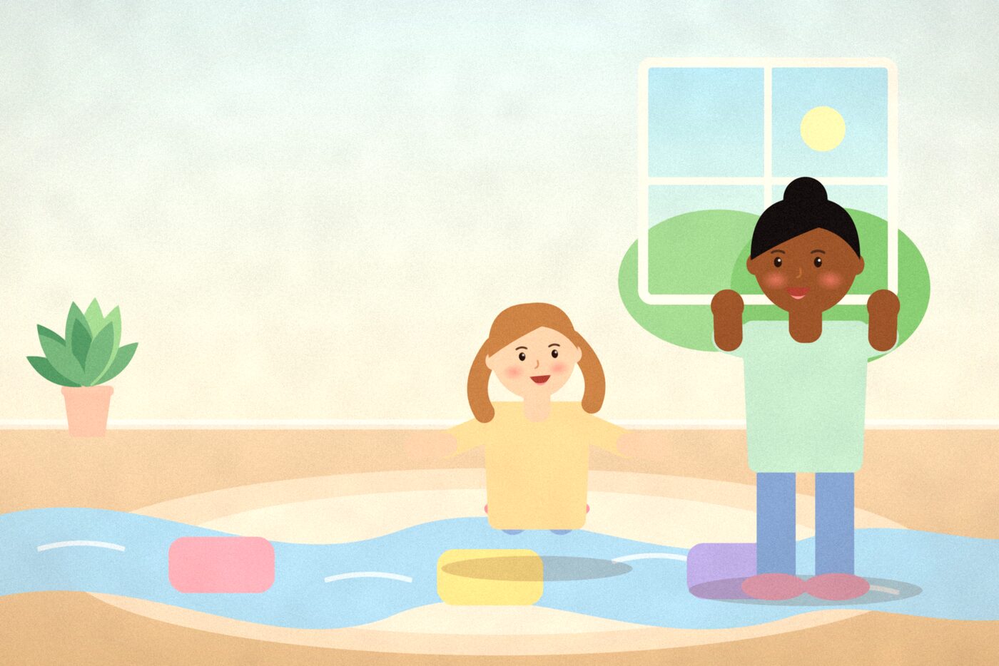 Illustration of a child leaping between cushions across a blue ribbon river on a living room rug while a parent cheers