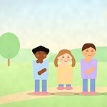 Illustration of four children following a leader who skips along a garden path holding a small flag
