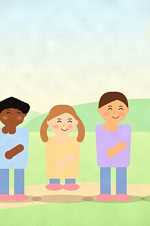 Illustration of four children following a leader who skips along a garden path holding a small flag