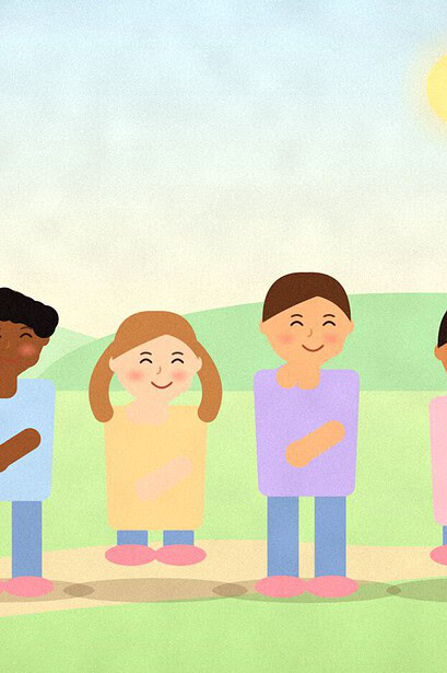 Illustration of four children following a leader who skips along a garden path holding a small flag