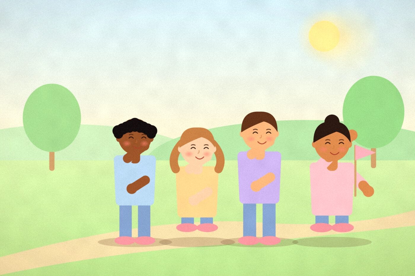 Illustration of four children following a leader who skips along a garden path holding a small flag