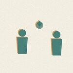 Duotone risograph-style illustration of two figures standing apart with a small heart shape floating between them