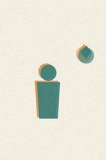 Duotone risograph-style illustration of two figures standing apart with a small heart shape floating between them