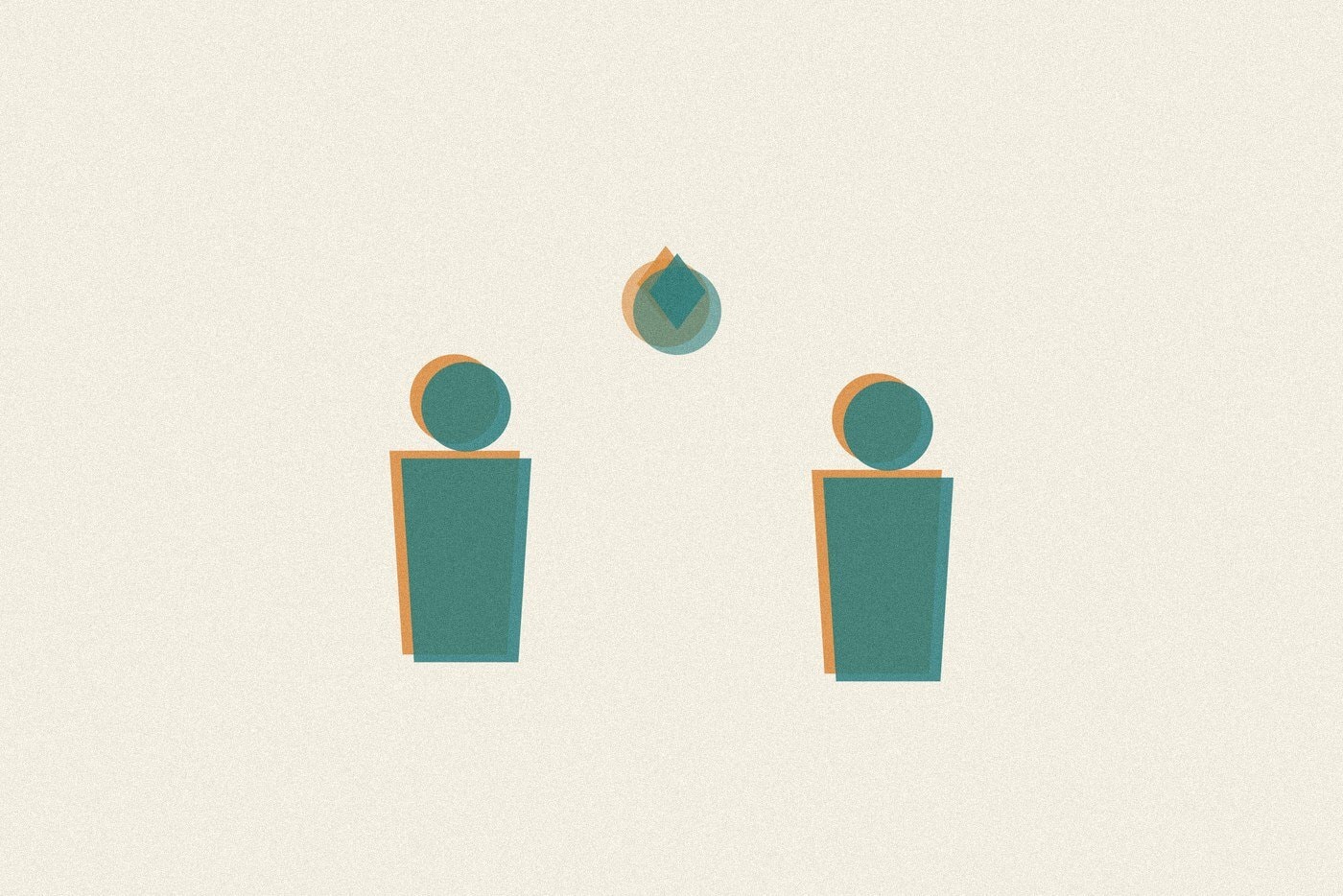 Duotone risograph-style illustration of two figures standing apart with a small heart shape floating between them