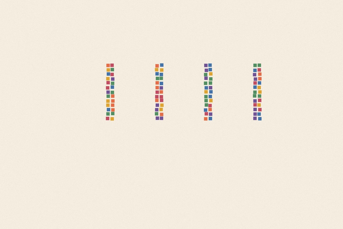Mosaic tile style illustration made of small colourful squares for the topic 'Fruit Groups: a quick, fair way to split a crowd into teams'