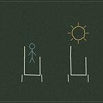 Chalkboard-style line drawing of two simple chair outlines side by side, one beneath a sun shape, representing a future-focused interview activity