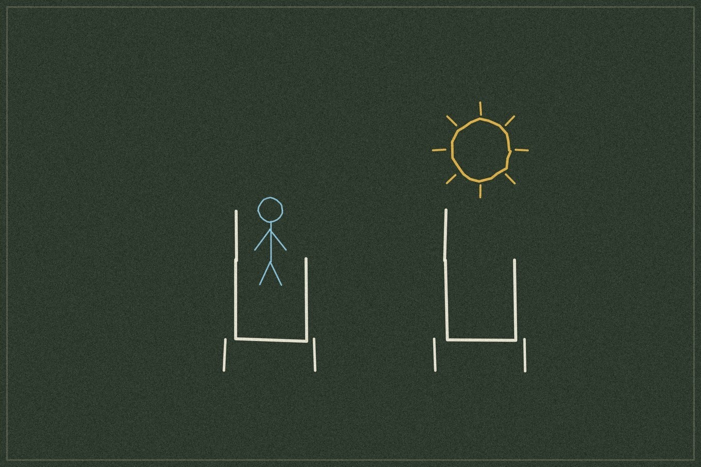 Chalkboard-style line drawing of two simple chair outlines side by side, one beneath a sun shape, representing a future-focused interview activity