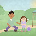 Illustration of a parent crouching at a child's eye level in a sunny park, one open hand held out, while the child stands with folded arms beside a slide and a small backpack