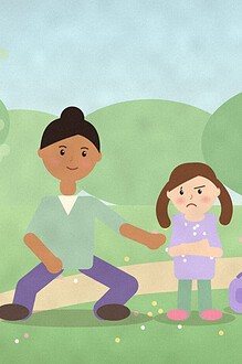 Illustration of a parent crouching at a child's eye level in a sunny park, one open hand held out, while the child stands with folded arms beside a slide and a small backpack