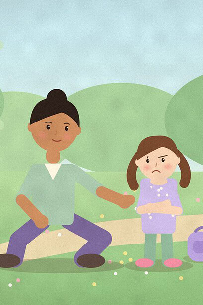 Illustration of a parent crouching at a child's eye level in a sunny park, one open hand held out, while the child stands with folded arms beside a slide and a small backpack