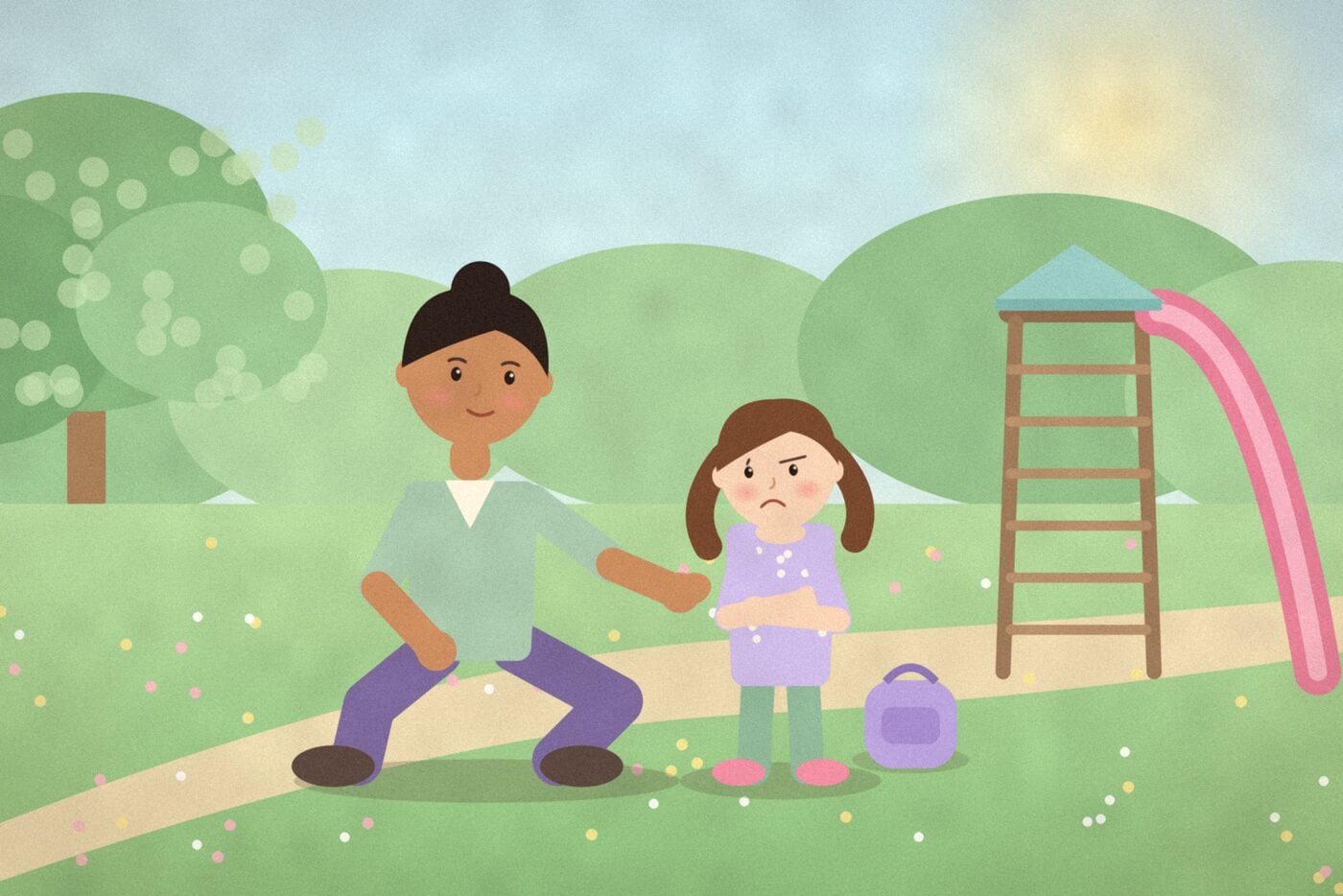 Illustration of a parent crouching at a child's eye level in a sunny park, one open hand held out, while the child stands with folded arms beside a slide and a small backpack