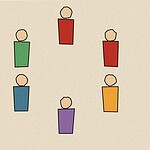 Linocut-style woodblock print illustration of six simple figures arranged in a circle, two shown in red to represent a germ-spreading handshake game