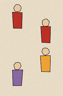Linocut-style woodblock print illustration of six simple figures arranged in a circle, two shown in red to represent a germ-spreading handshake game