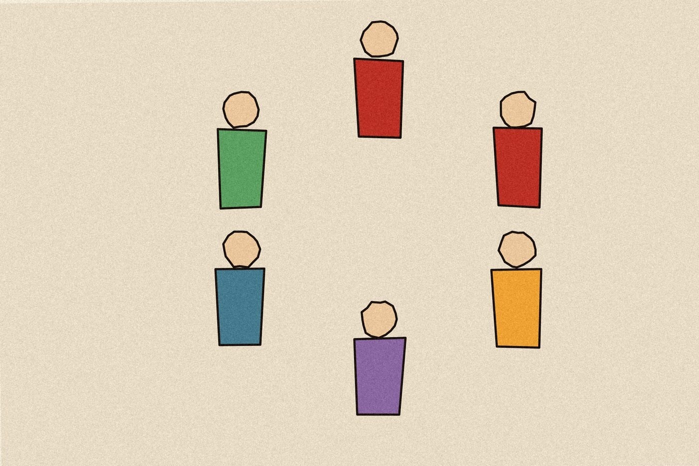 Linocut-style woodblock print illustration of six simple figures arranged in a circle, two shown in red to represent a germ-spreading handshake game