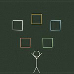 Chalkboard-style line drawing of five scattered square outlines above a figure with raised arms, representing a cooperative puzzle activity
