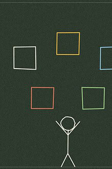 Chalkboard-style line drawing of five scattered square outlines above a figure with raised arms, representing a cooperative puzzle activity