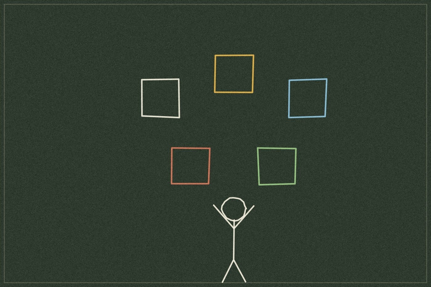 Chalkboard-style line drawing of five scattered square outlines above a figure with raised arms, representing a cooperative puzzle activity