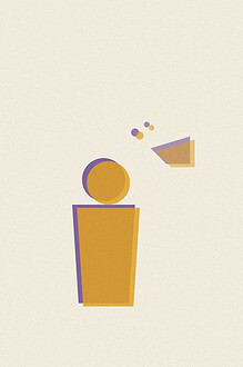 Duotone risograph-style illustration of a figure with small whisper and speech shapes near their head, representing a conversation about secrets