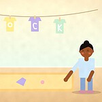 Illustration of a child digging in a tray of sand for hidden letters while paper clothes spelling a word hang on a washing line