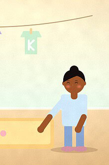 Illustration of a child digging in a tray of sand for hidden letters while paper clothes spelling a word hang on a washing line