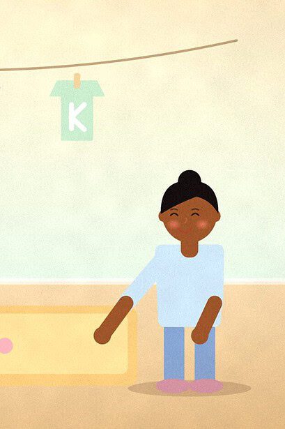 Illustration of a child digging in a tray of sand for hidden letters while paper clothes spelling a word hang on a washing line