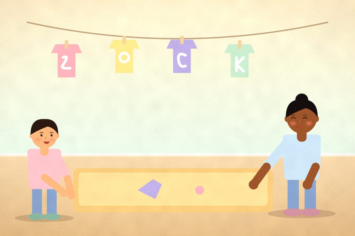Illustration of a child digging in a tray of sand for hidden letters while paper clothes spelling a word hang on a washing line