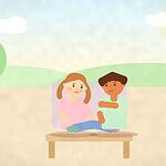 Illustration of two teenagers sitting on a park bench, one leaning forward with a concerned expression while the other listens with a hand near their shoulder