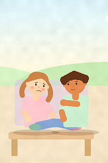 Illustration of two teenagers sitting on a park bench, one leaning forward with a concerned expression while the other listens with a hand near their shoulder