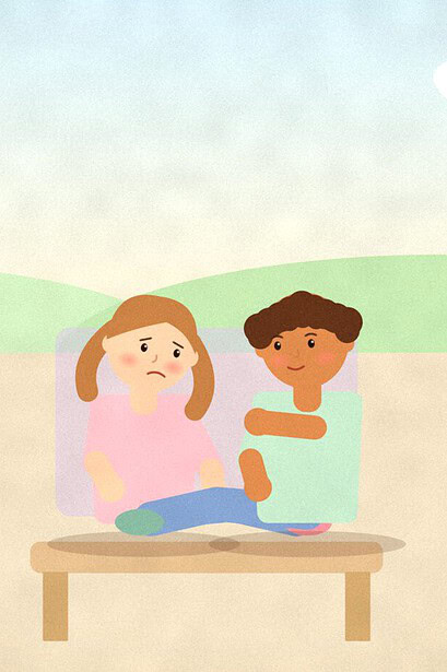 Illustration of two teenagers sitting on a park bench, one leaning forward with a concerned expression while the other listens with a hand near their shoulder