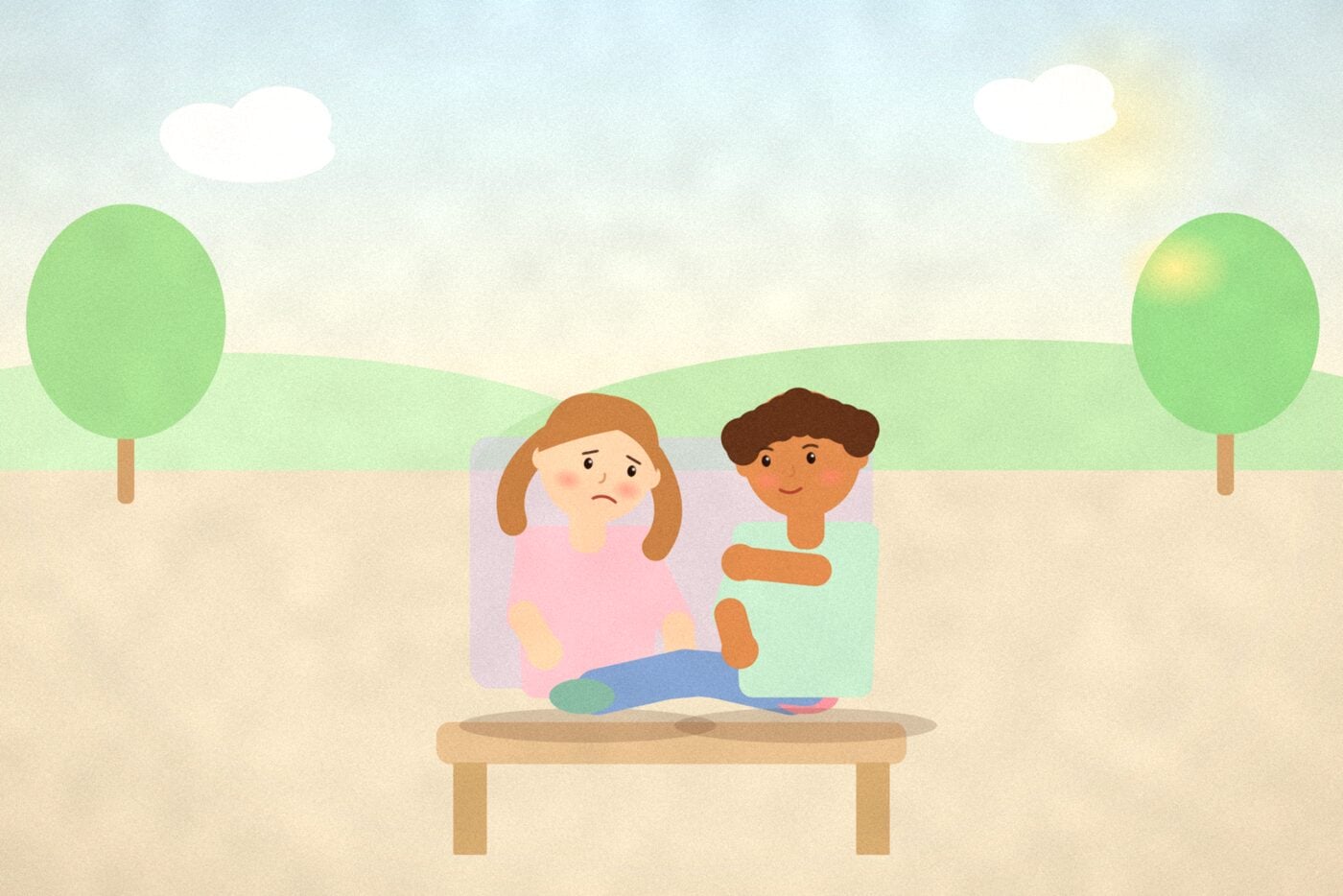 Illustration of two teenagers sitting on a park bench, one leaning forward with a concerned expression while the other listens with a hand near their shoulder