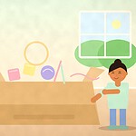 Illustration of a big cardboard box overflowing with blocks, a ball, a hoop, chalk and rope while two children look on happily
