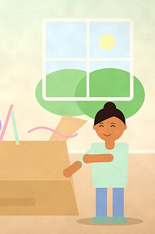 Illustration of a big cardboard box overflowing with blocks, a ball, a hoop, chalk and rope while two children look on happily