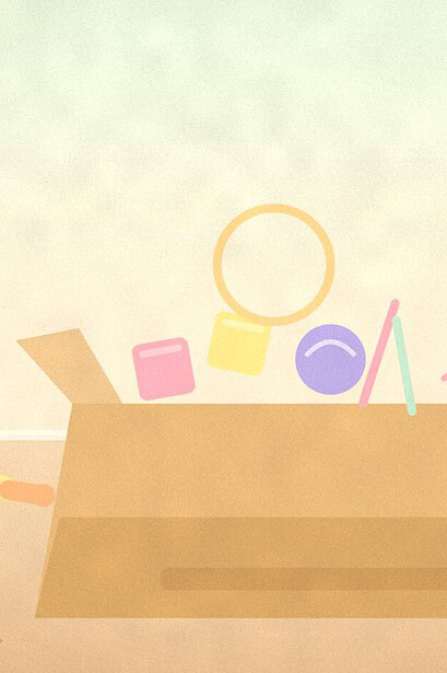 Illustration of a big cardboard box overflowing with blocks, a ball, a hoop, chalk and rope while two children look on happily