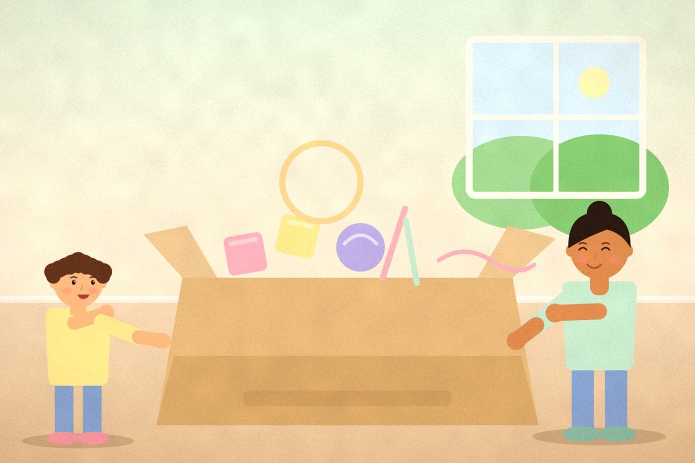 Illustration of a big cardboard box overflowing with blocks, a ball, a hoop, chalk and rope while two children look on happily