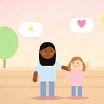 Illustration of a parent and child chatting on a porch at sunset with speech bubbles holding a star and a heart