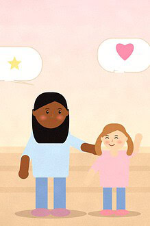 Illustration of a parent and child chatting on a porch at sunset with speech bubbles holding a star and a heart